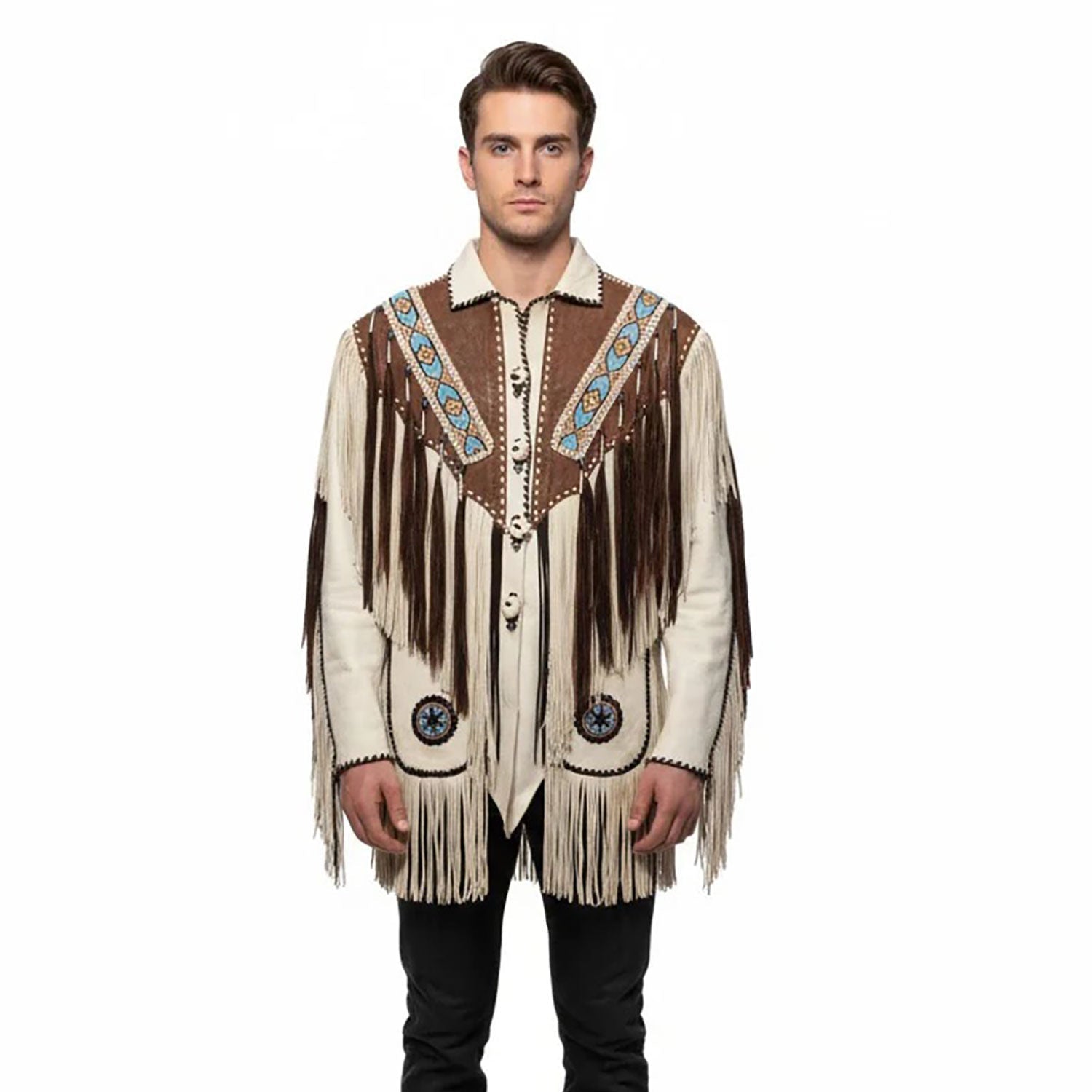 Man wearing a traditional western-style shirt with fringes and embroidery on a white background