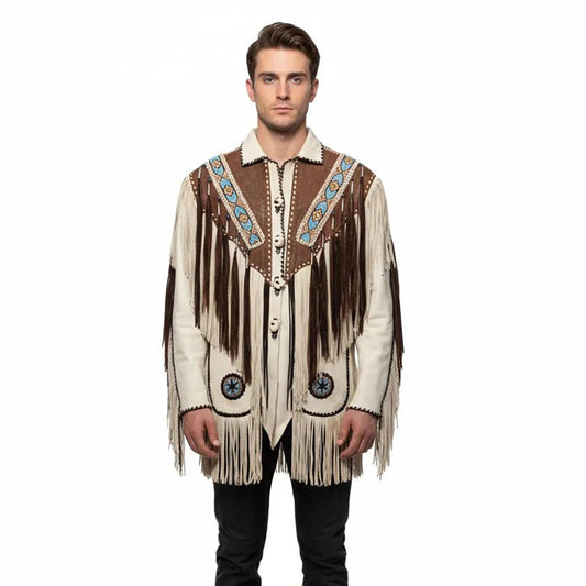 Man wearing a traditional western-style shirt with fringes and embroidery on a white background