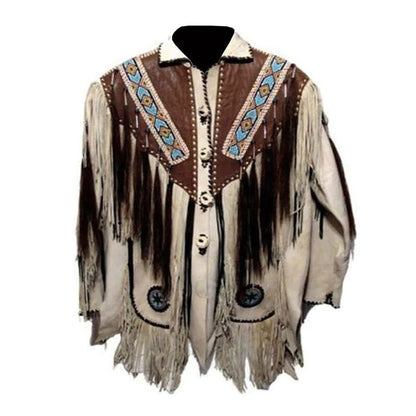 Beige Buckskin Leather Native American Beaded Jacket NLS-292