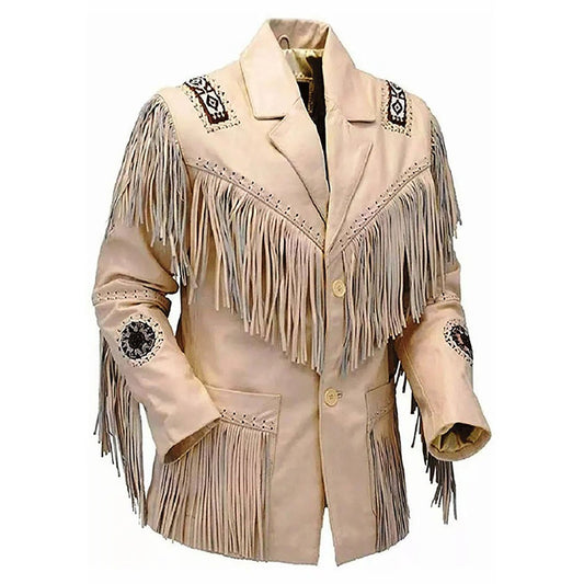 Beige Western Fringe Beaded Jacket Leather NLS-076