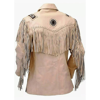 Beige Western Fringe Beaded Jacket Leather NLS-076