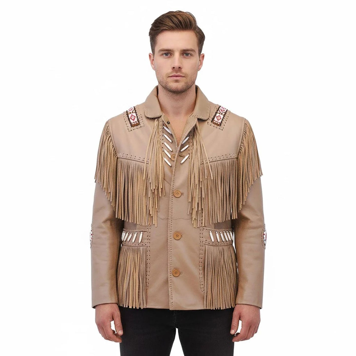 Beige Western Fringe Beaded Leather Cowboy Jacket NLS-079