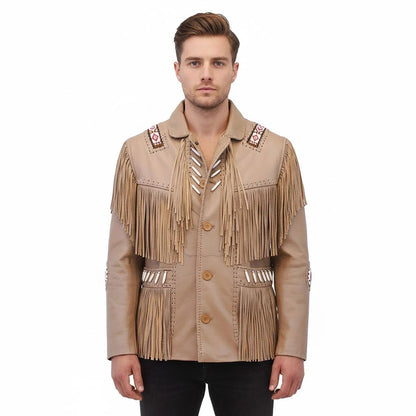 Beige Western Fringe Beaded Leather Cowboy Jacket NLS-079