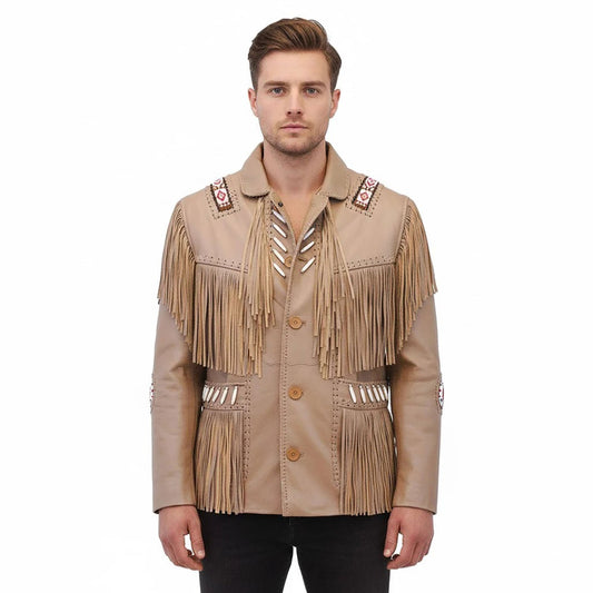 Beige Western Fringe Beaded Leather Cowboy Jacket NLS-079