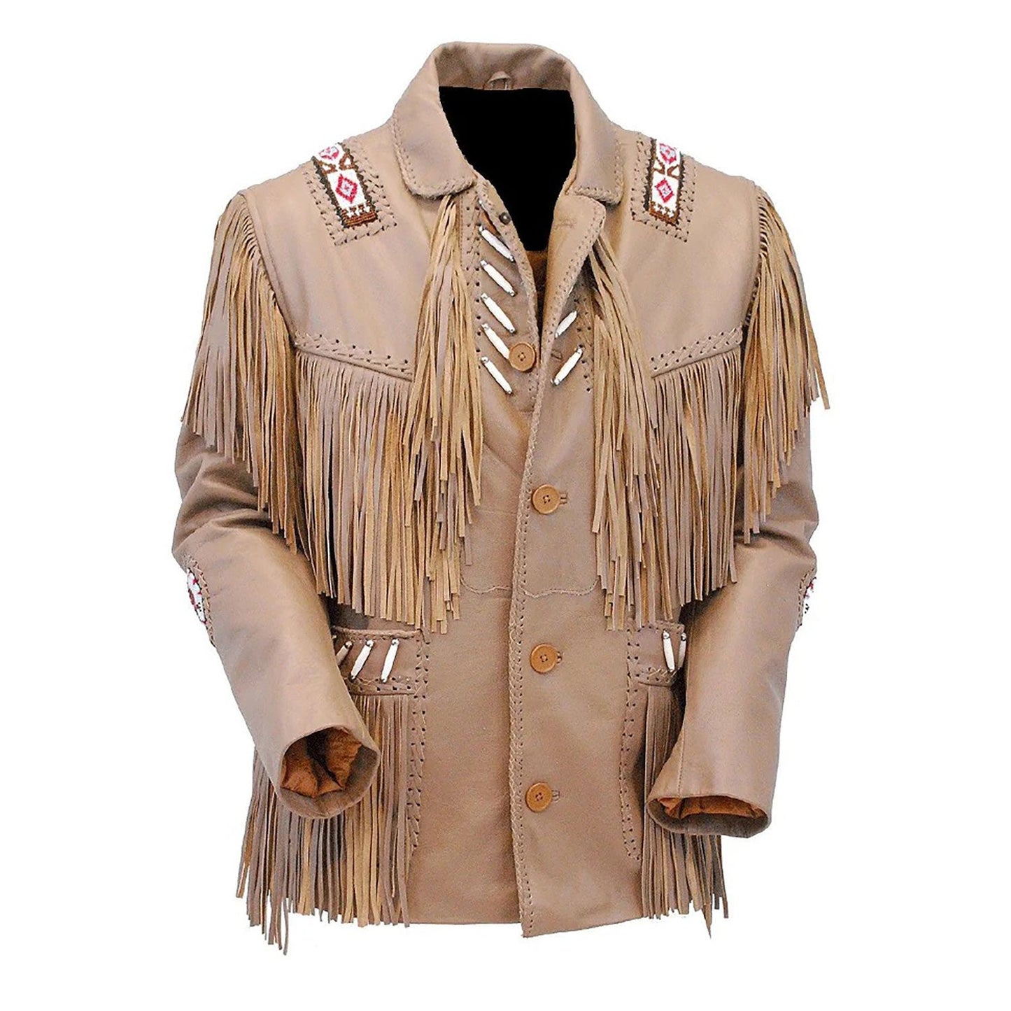 Beige Western Fringe Beaded Leather Cowboy Jacket NLS-079