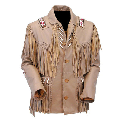 Beige Western Fringe Beaded Leather Cowboy Jacket NLS-079