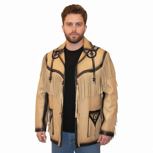 Beige Western Fringe Beaded Leather Cowboy Jacket NLS-081