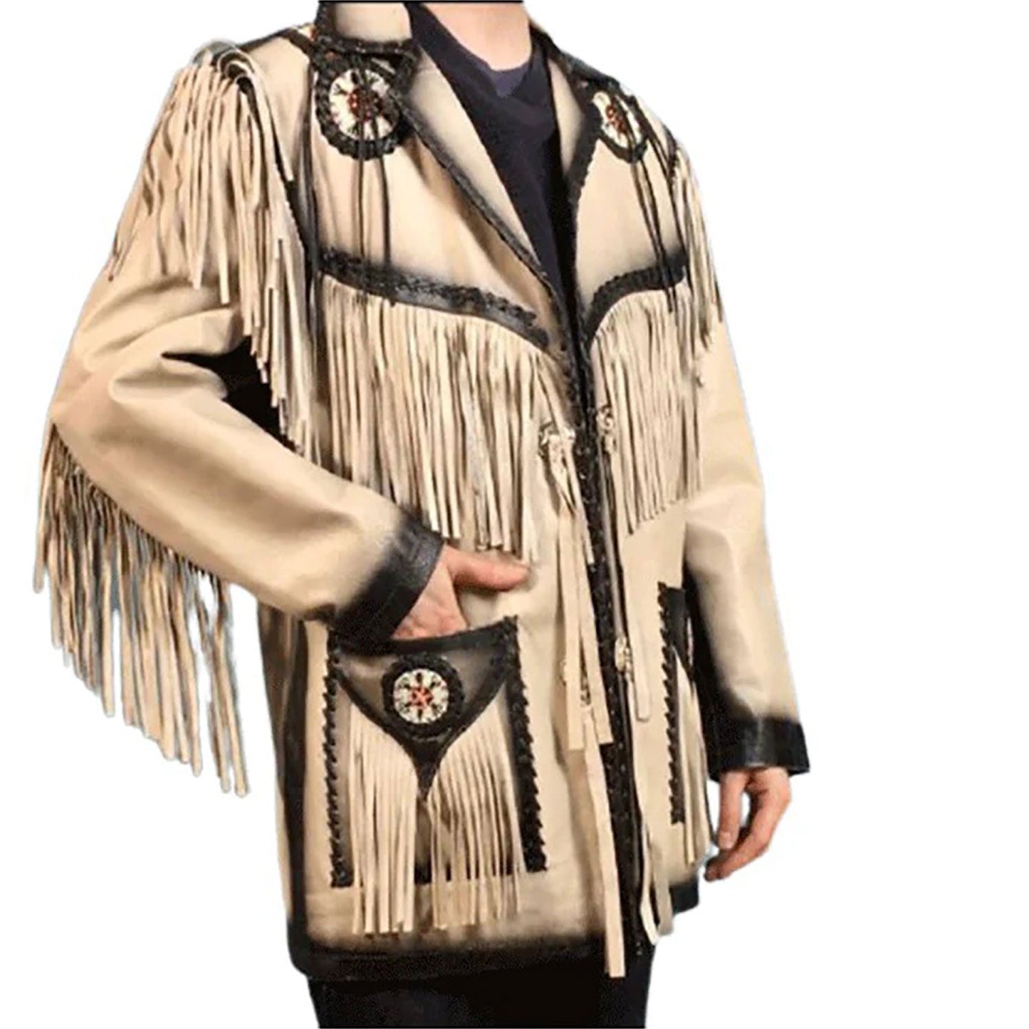 Beige Western Fringe Beaded Leather Cowboy Jacket NLS-081