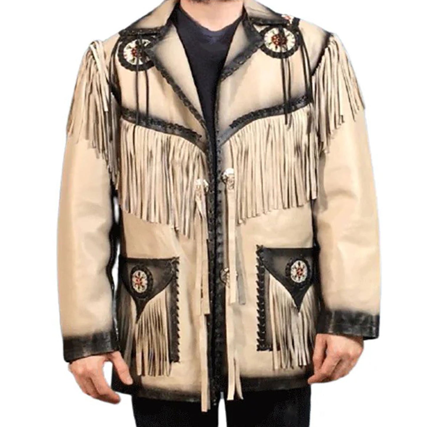 Beige Western Fringe Beaded Leather Cowboy Jacket NLS-081
