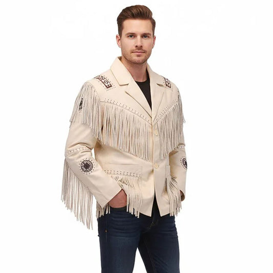 Beige Western Fringe Beaded Leather Cowboy Jacket NLS-285