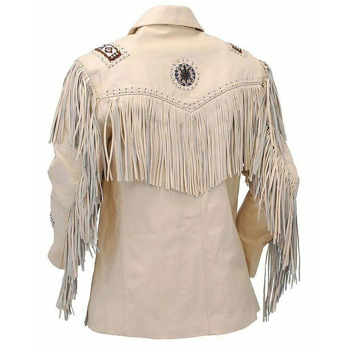 Beige Western Fringe Beaded Leather Cowboy Jacket NLS-285