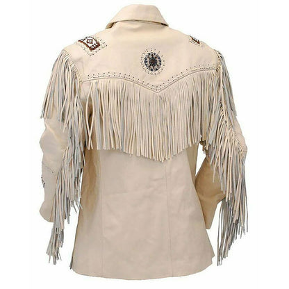 Beige Western Fringe Beaded Leather Cowboy Jacket NLS-285