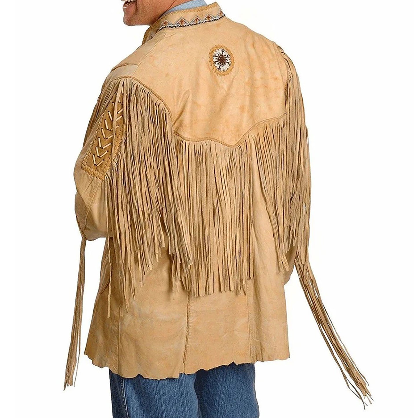 Beige Western Fringe Beaded Leather Cowboy Jacket NLS-286