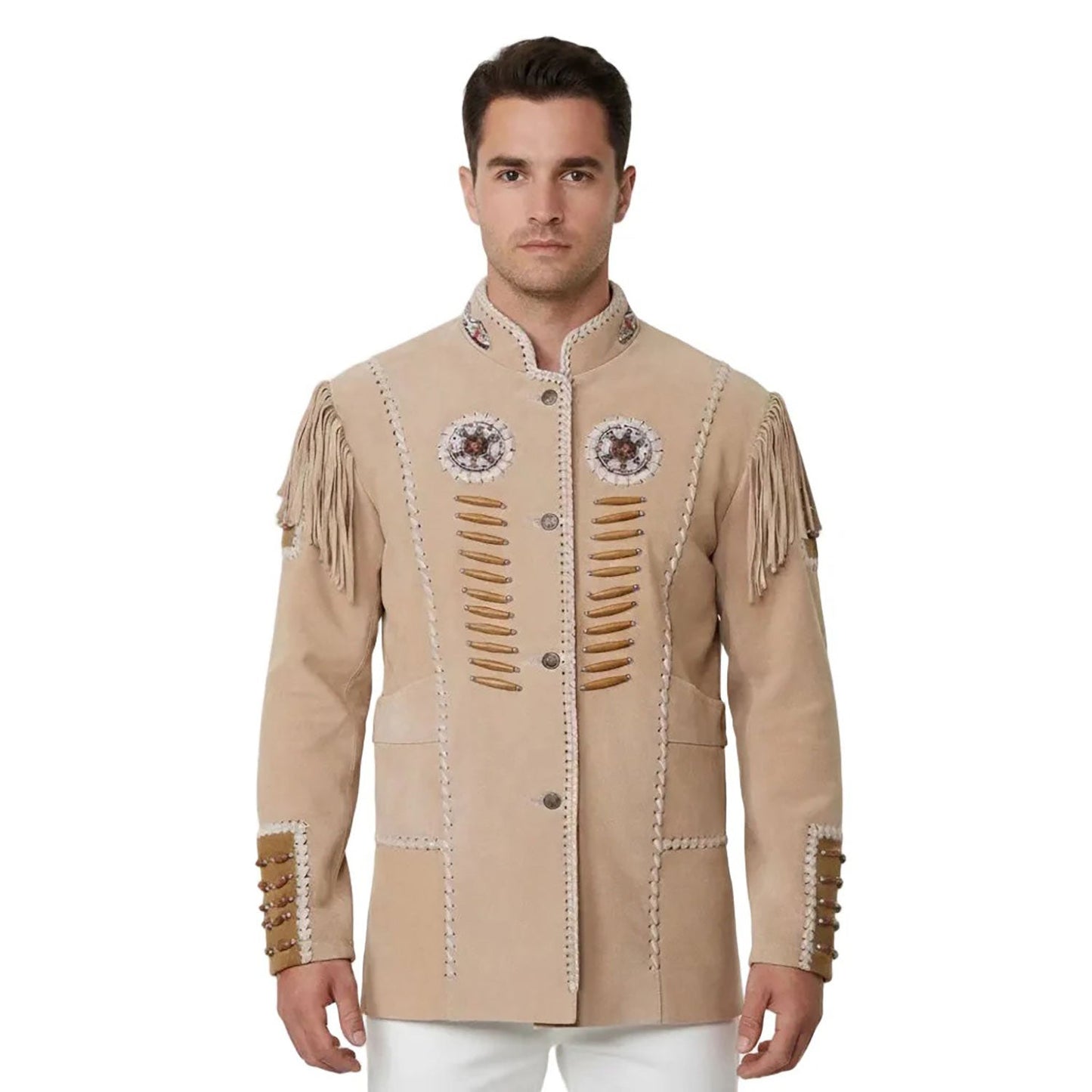 Beige Western Fringe Beaded Suede Leather Cowboy Jacket NLS-283