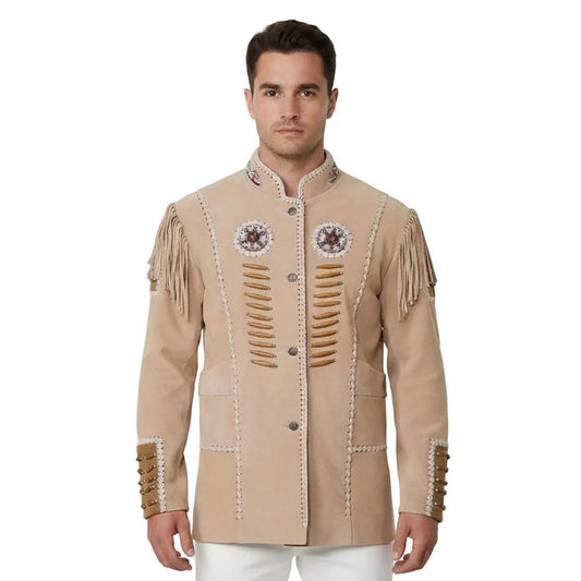 Beige Western Fringe Beaded Suede Leather Cowboy Jacket NLS-283