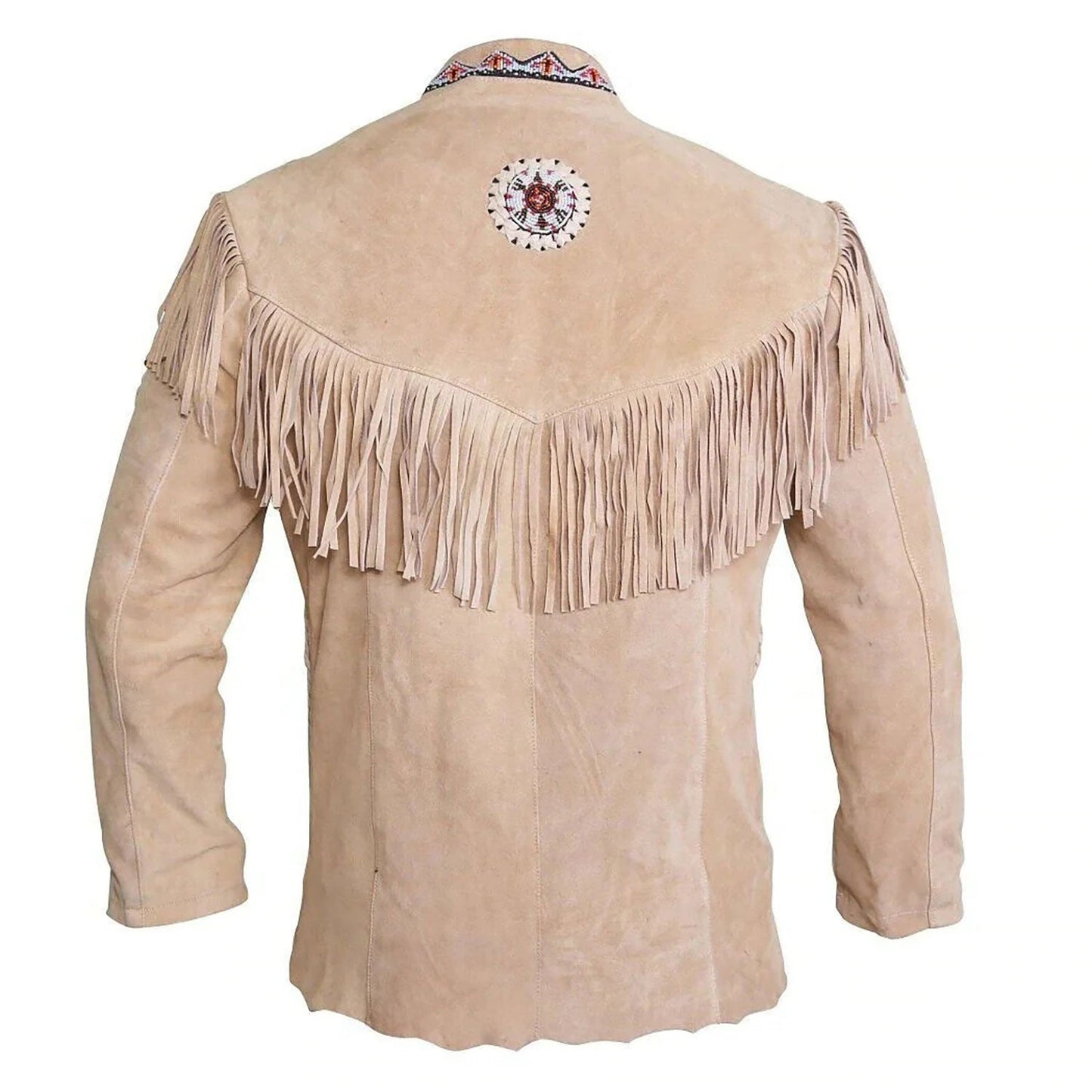 Beige Western Fringe Beaded Suede Leather Cowboy Jacket NLS-283