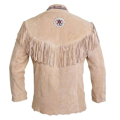 Beige Western Fringe Beaded Suede Leather Cowboy Jacket NLS-283