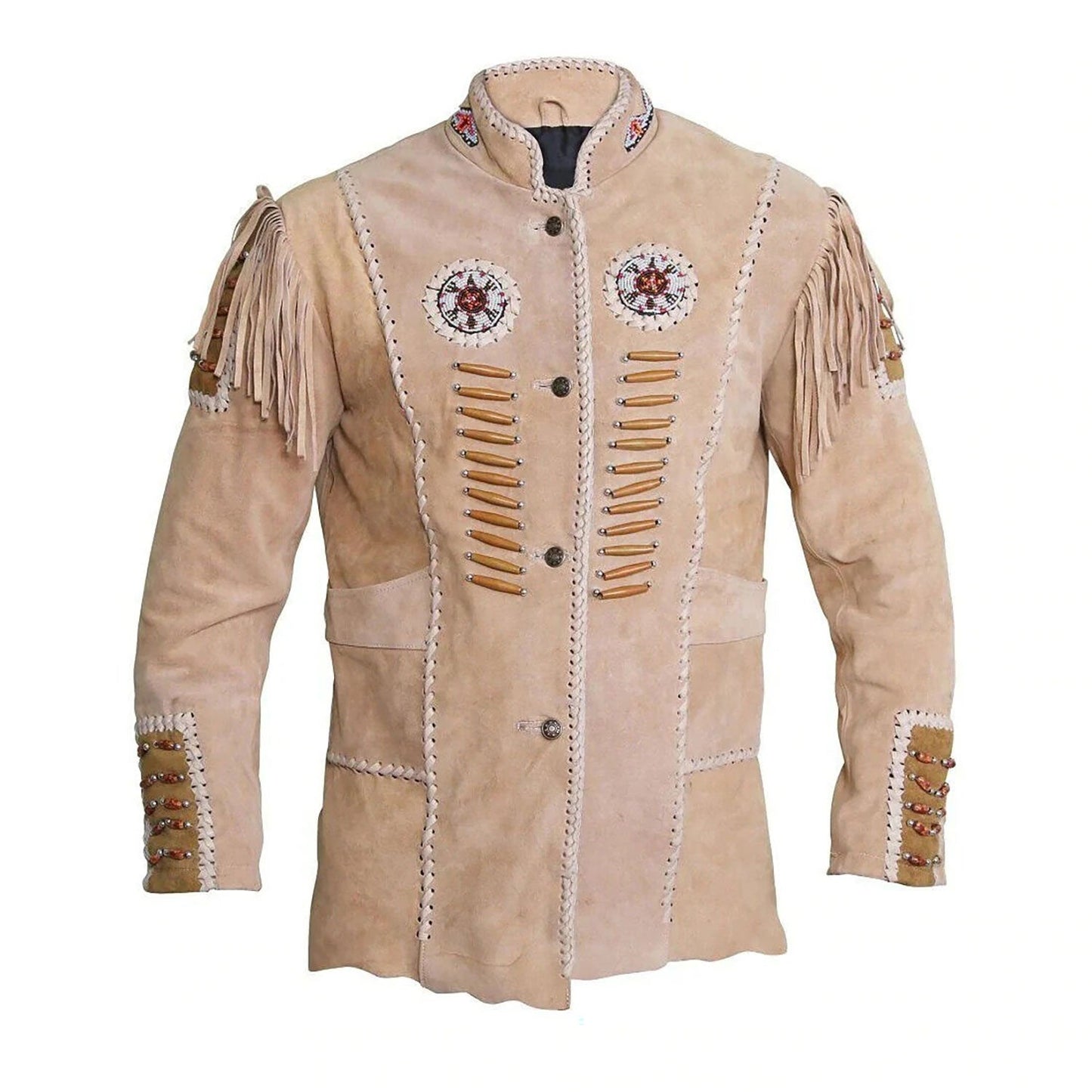 Beige Western Fringe Beaded Suede Leather Cowboy Jacket NLS-283