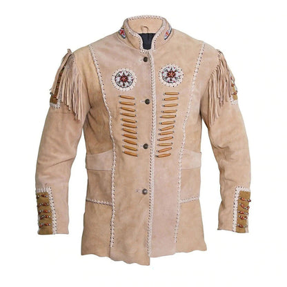 Beige Western Fringe Beaded Suede Leather Cowboy Jacket NLS-283