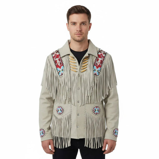 Man wearing a beige fringed jacket with colorful patterns - Native Leather Shop