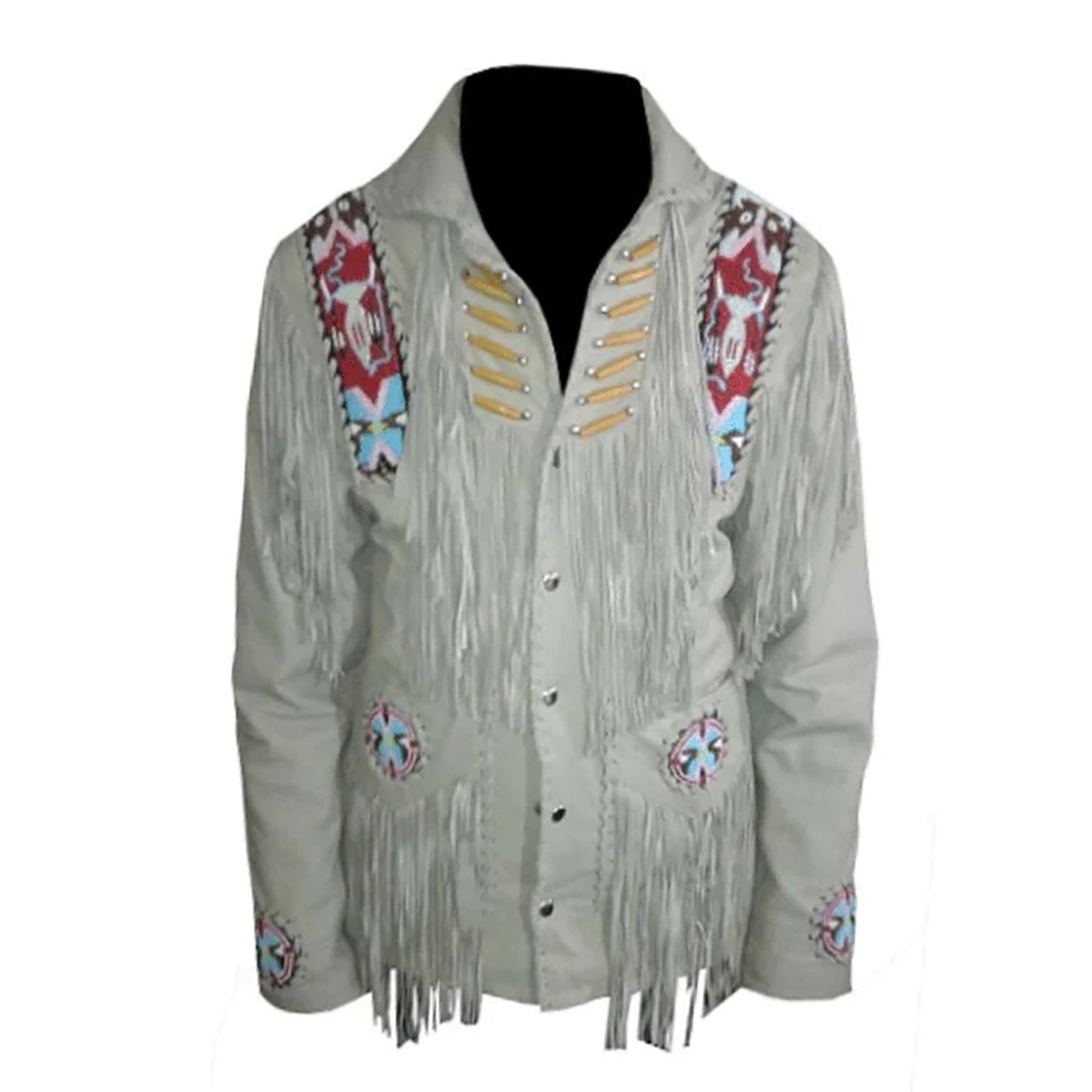 Beige Western Fringe Beaded Suede Leather Cowboy Jacket NLS-284