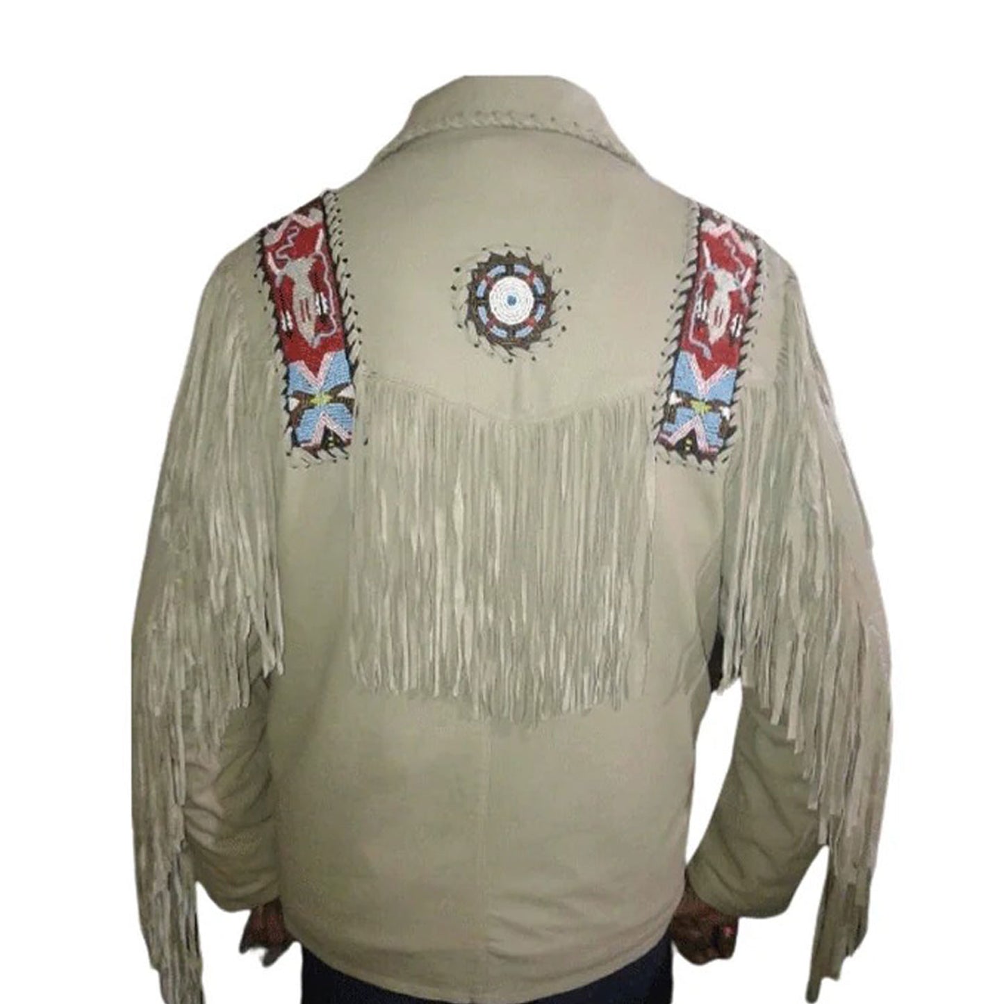 Beige Western Fringe Beaded Suede Leather Cowboy Jacket NLS-284