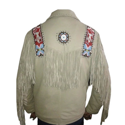 Beige Western Fringe Beaded Suede Leather Cowboy Jacket NLS-284