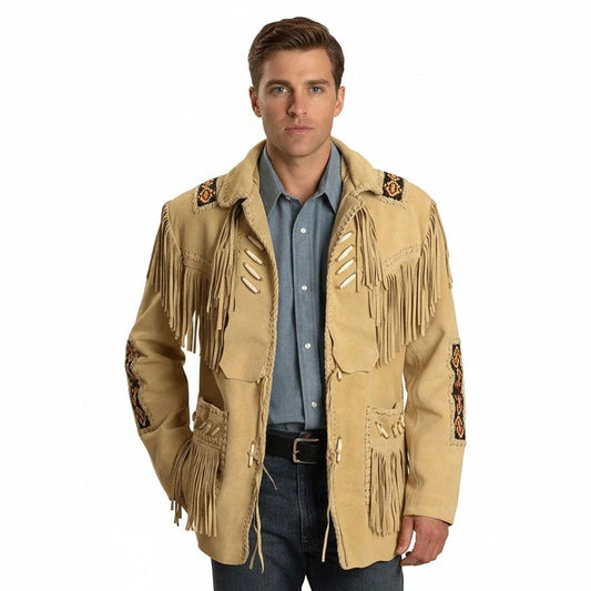 Beige Western Fringe Bone Beaded Leather Cowboy Jacket NLS-282