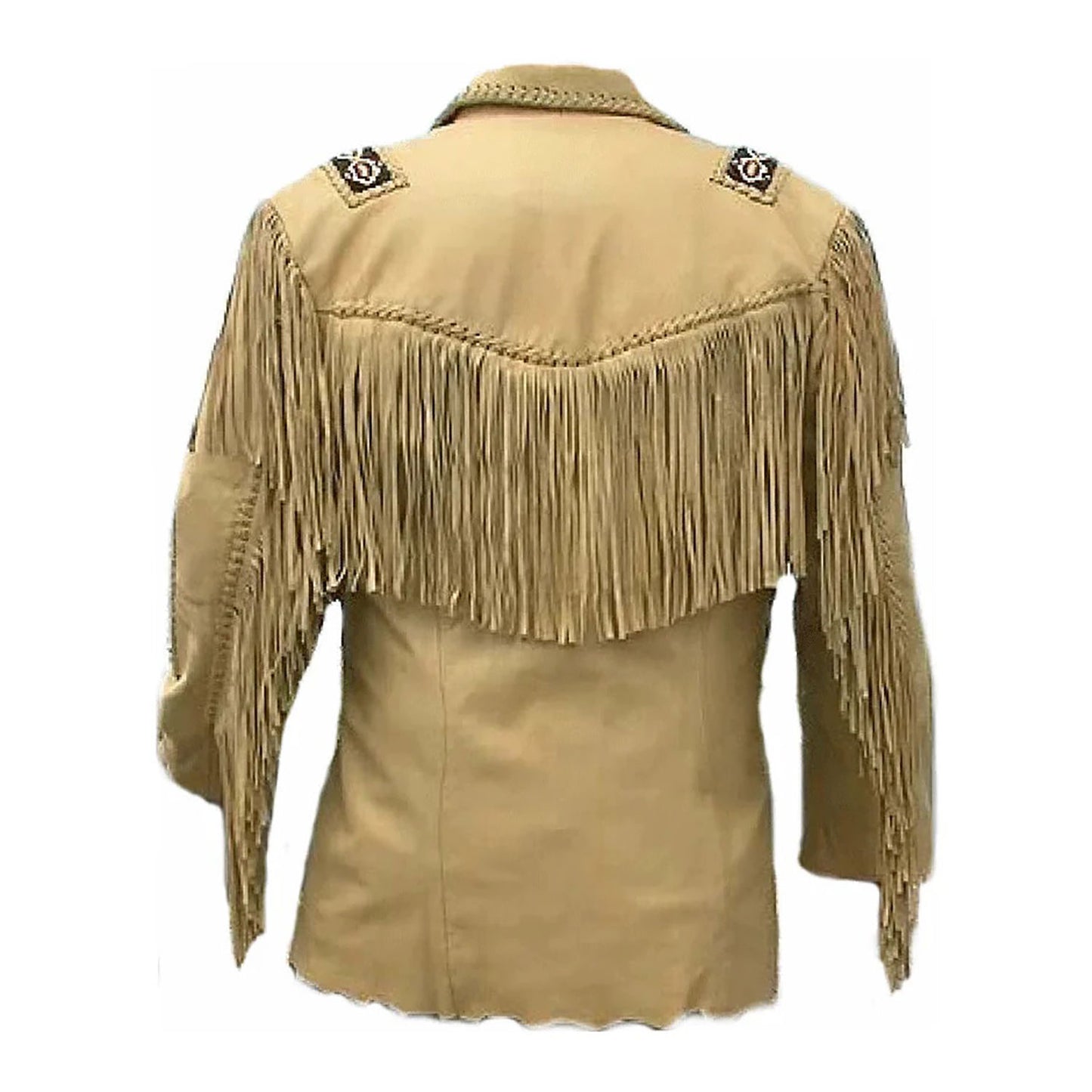 Beige Western Fringe Bone Beaded Leather Cowboy Jacket NLS-282