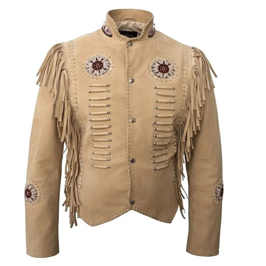 Beige Western Fringe Leather Jacket for Women Cowgirl Style NLS-075