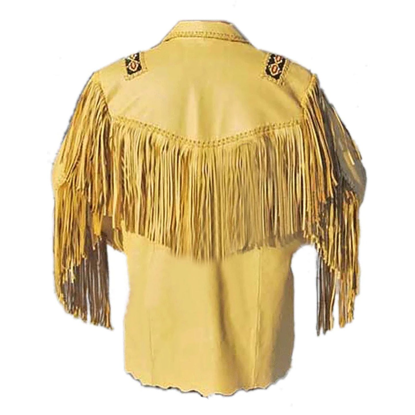 Beige Western Leather Fringe Beaded Cowboy Jacket NLS-279
