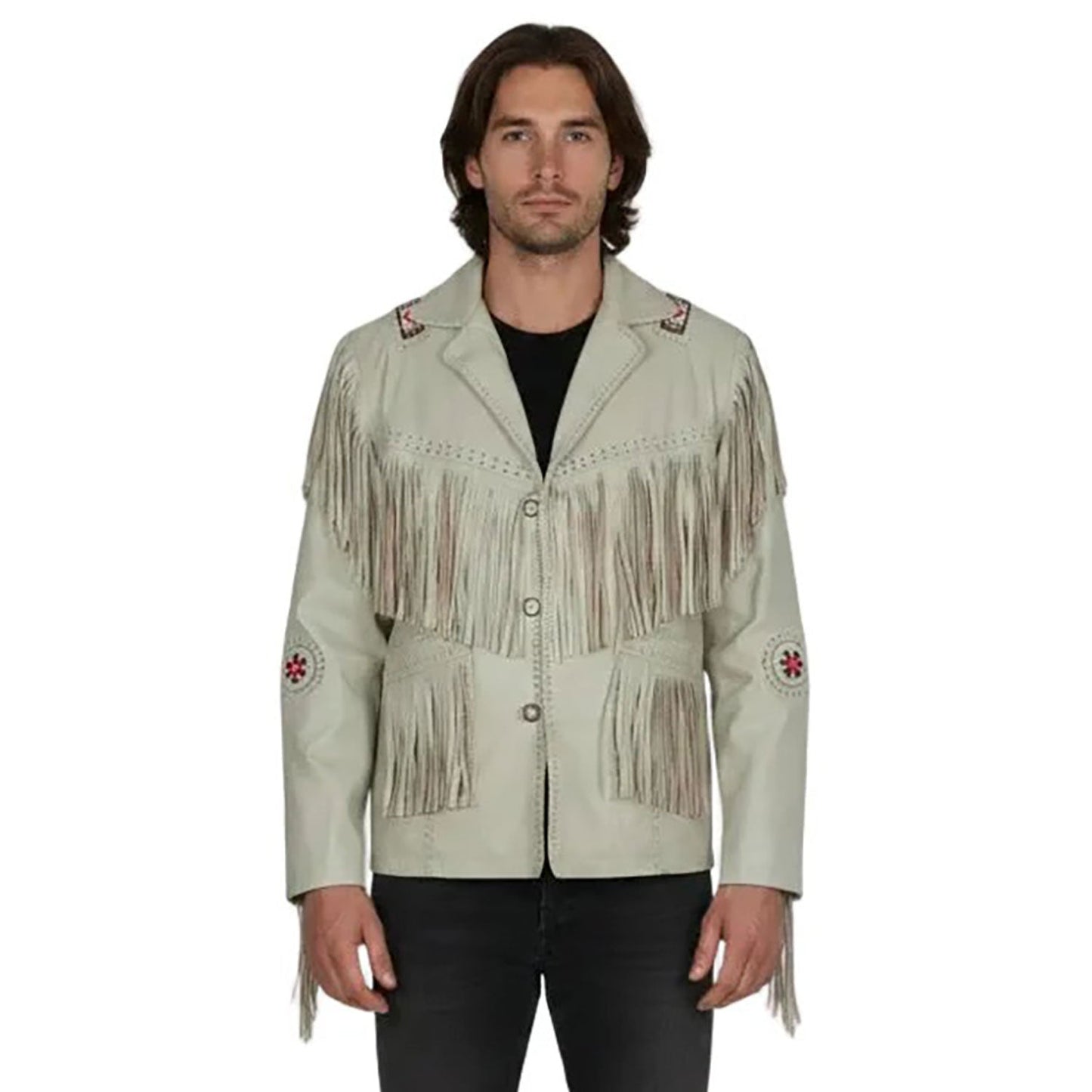 Beige Western Leather Fringe Beaded Cowboy Jacket NLS-280
