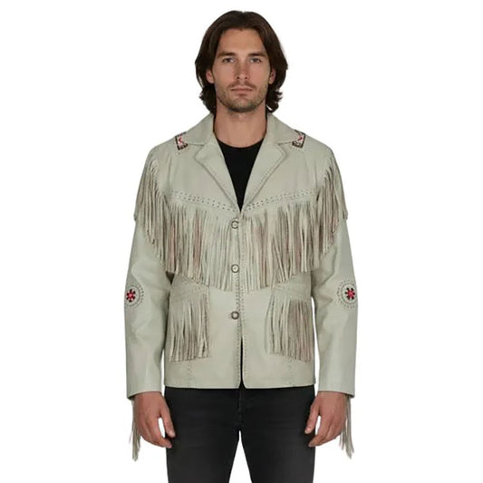 Beige Western Leather Fringe Beaded Cowboy Jacket NLS-280