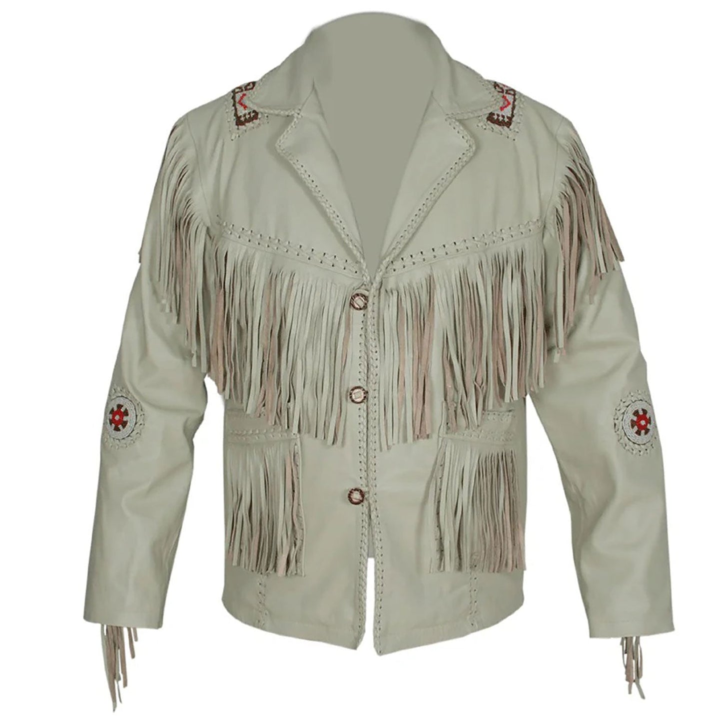 Beige Western Leather Fringe Beaded Cowboy Jacket NLS-280