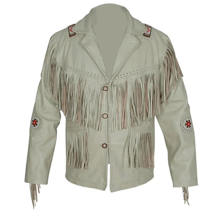 Beige Western Leather Fringe Beaded Cowboy Jacket NLS-280