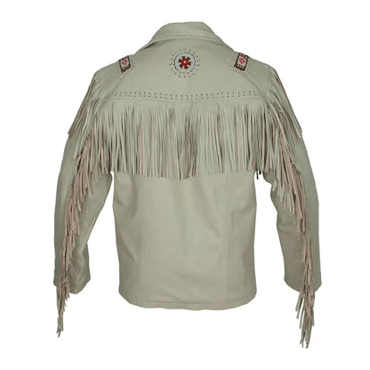 Beige Western Leather Fringe Beaded Cowboy Jacket NLS-280