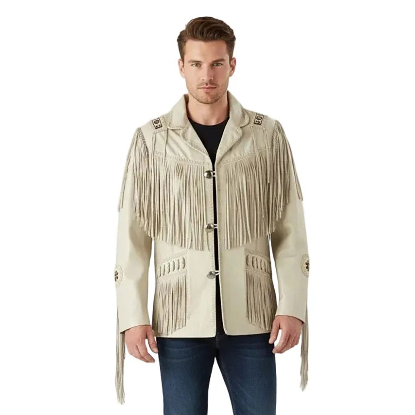 Beige Western Leather Fringe Beaded Cowboy Jacket NLS-281