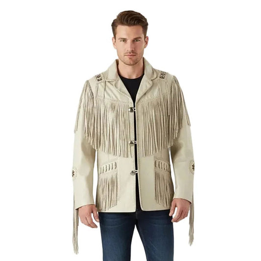 Beige Western Leather Fringe Beaded Cowboy Jacket NLS-281