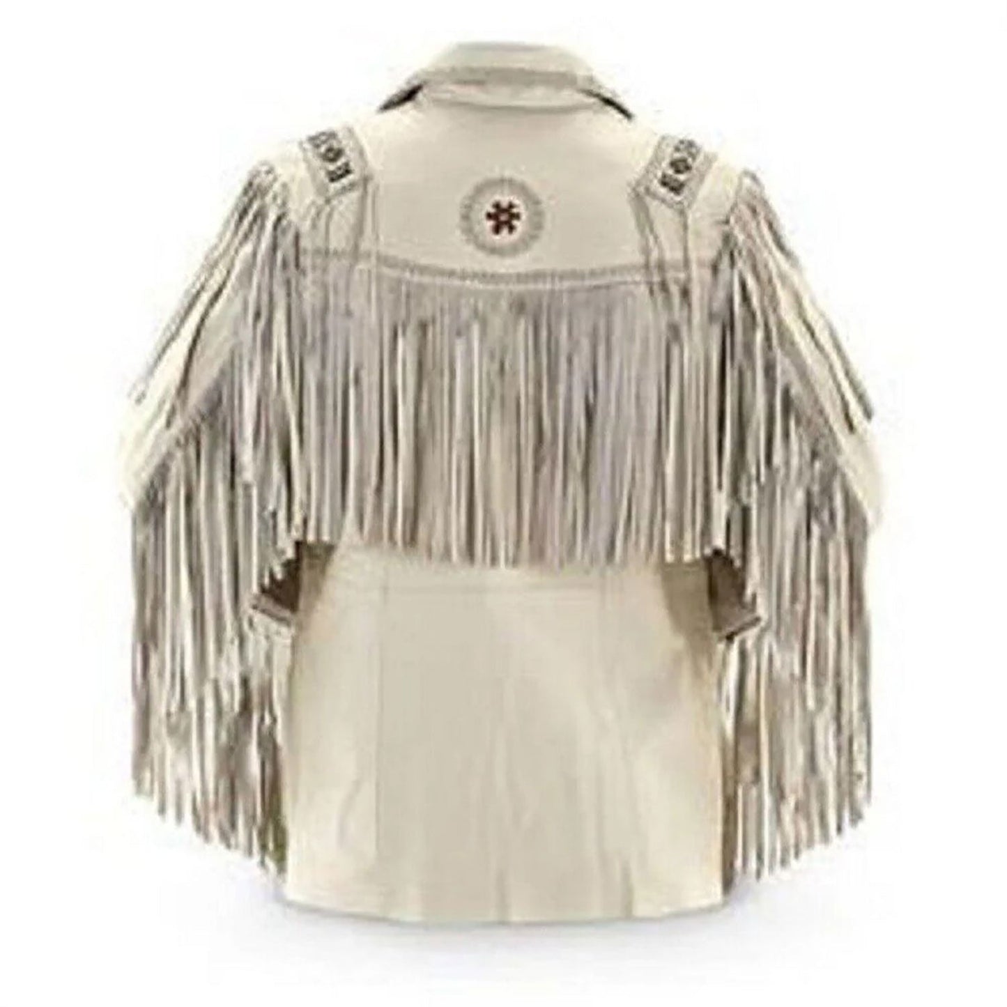 Beige Western Leather Fringe Beaded Cowboy Jacket NLS-281
