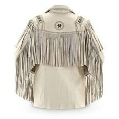 Beige Western Leather Fringe Beaded Cowboy Jacket NLS-281