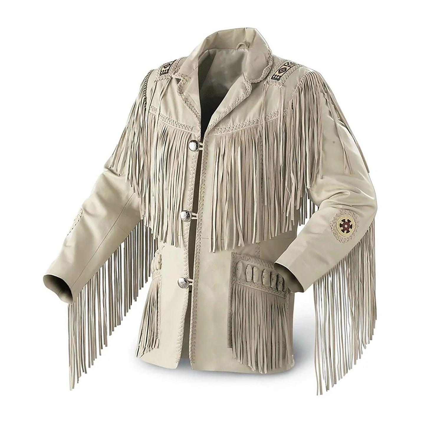 Beige Western Leather Fringe Beaded Cowboy Jacket NLS-281