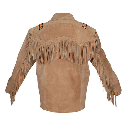 Beige Western Suede Leather Fringe Beaded Cowboy Jacket NLS-276