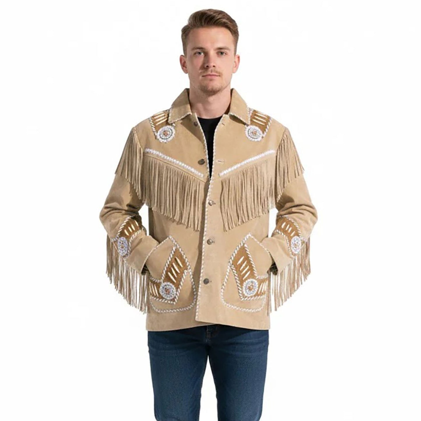 Beige Western Suede Leather Fringe Beaded Cowboy Jacket NLS-277