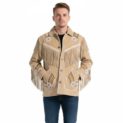 Beige Western Suede Leather Fringe Beaded Cowboy Jacket NLS-277