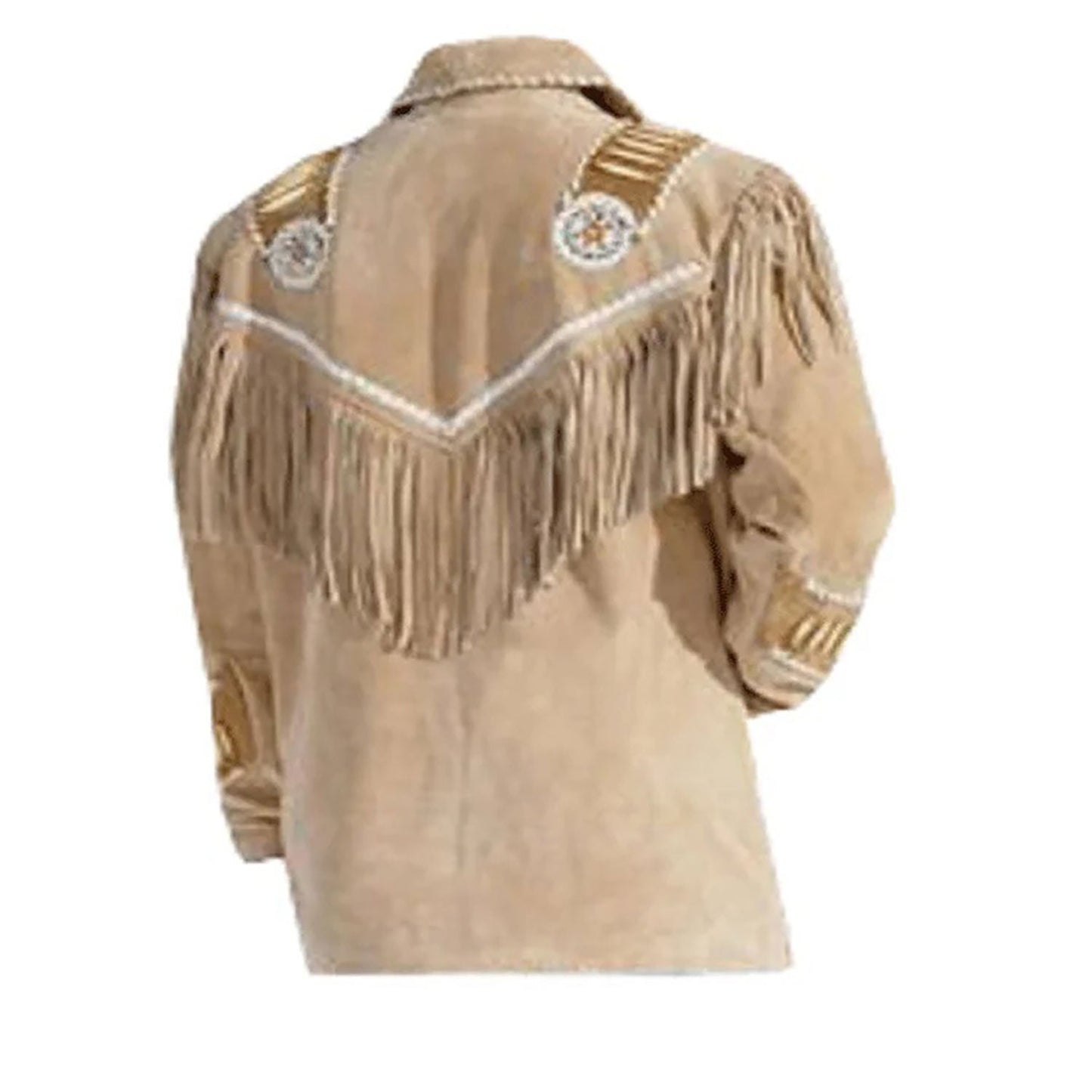 Beige Western Suede Leather Fringe Beaded Cowboy Jacket NLS-277