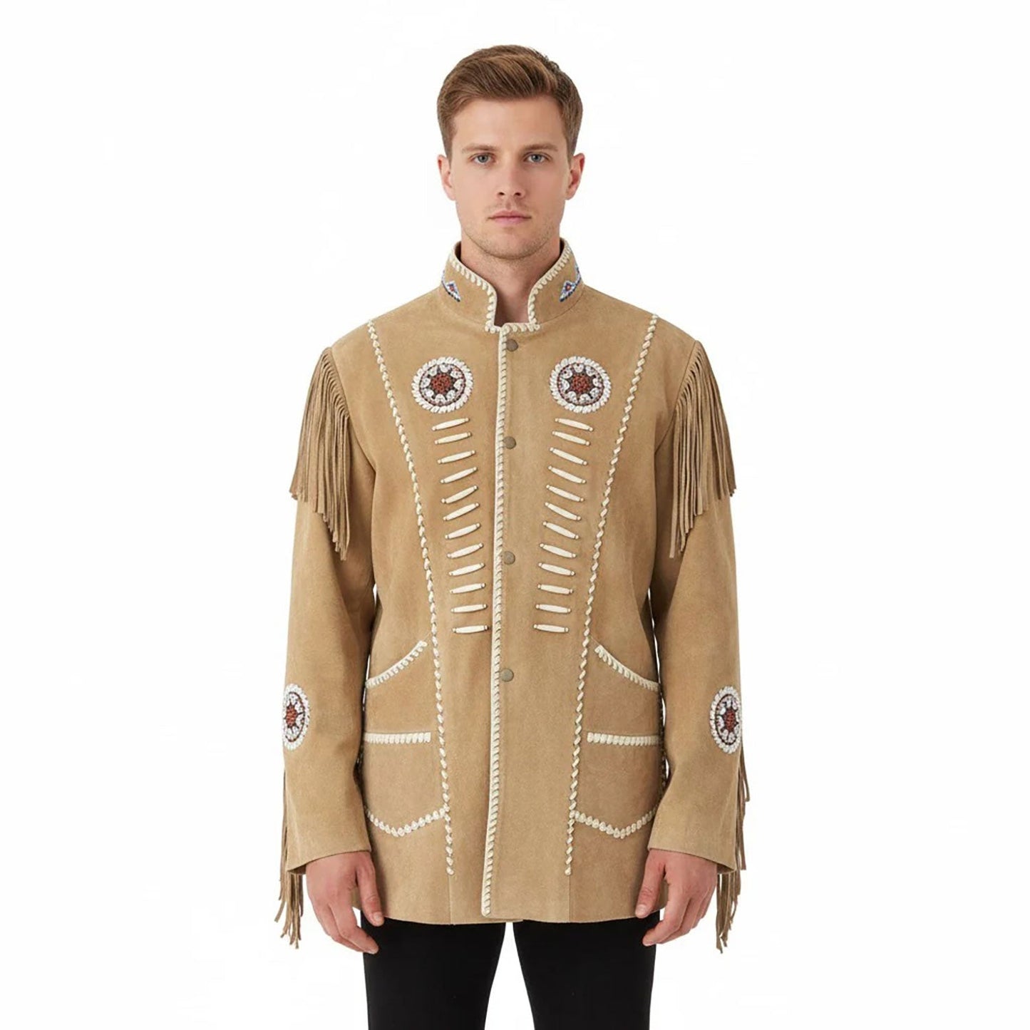 Man wearing a tan Native American style jacket with white embroidery and fringes on a white background - Native Leather Shop