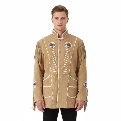 Man wearing a tan Native American style jacket with white embroidery and fringes on a white background - Native Leather Shop
