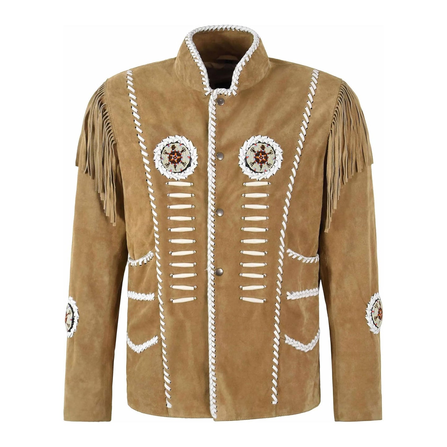 Beige Western Suede Leather Fringe Bone Beaded Cowboy Jacket NLS-275