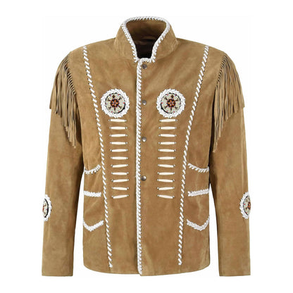 Beige Western Suede Leather Fringe Bone Beaded Cowboy Jacket NLS-275