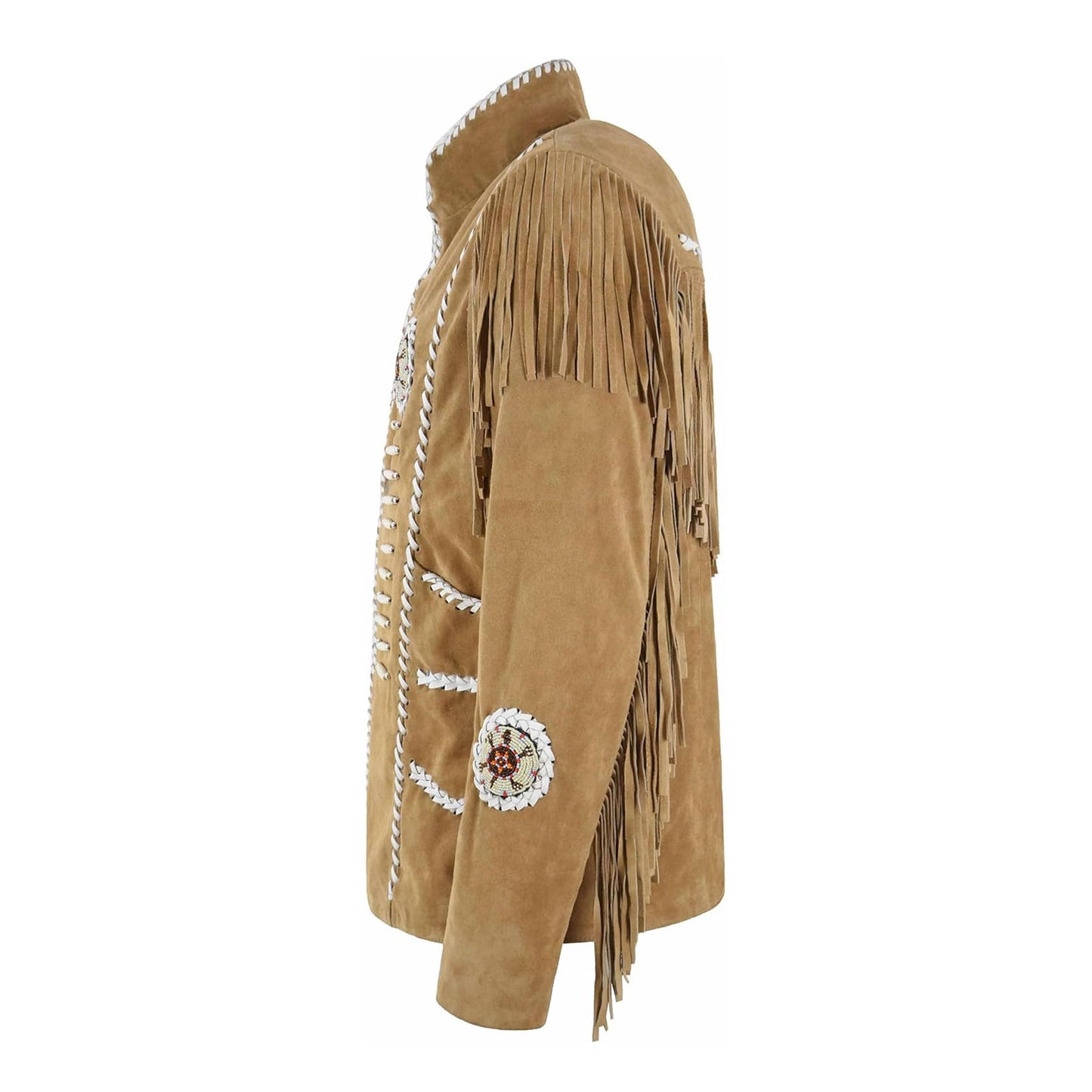 Beige Western Suede Leather Fringe Bone Beaded Cowboy Jacket NLS-275